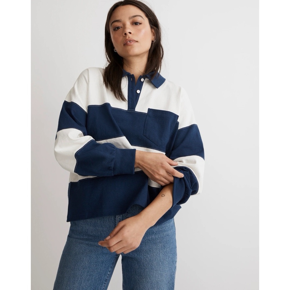 Madewell Navy and White Striped Rugby Pullover